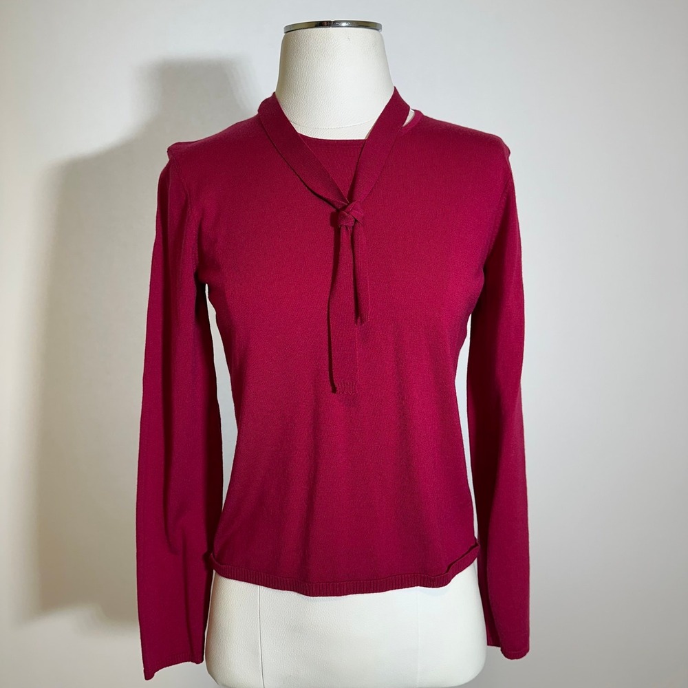 Worth Magenta Wool Blend Neck Tie Knit Sweater Womens Size Small S Vintage